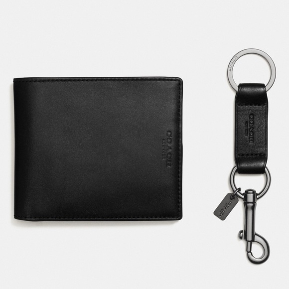 Coach Men's Compact ID Black Leather Wallet With Key Fob F64118 in Gift Box - Picture 4 of 7